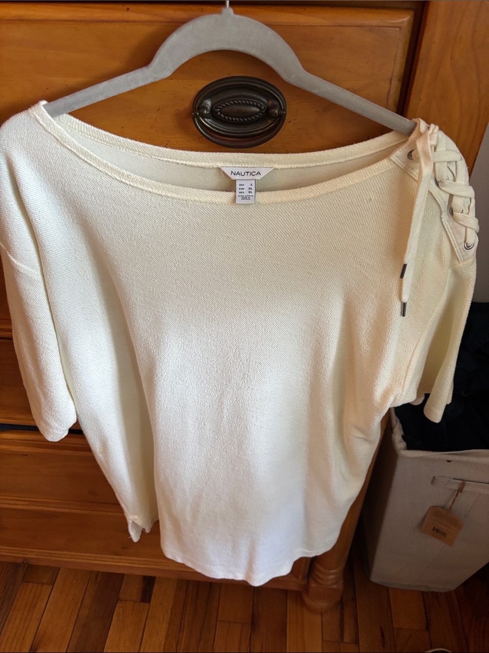 Nautica Cream Off-the-Shoulder Lace-Up Shoulder Sweater